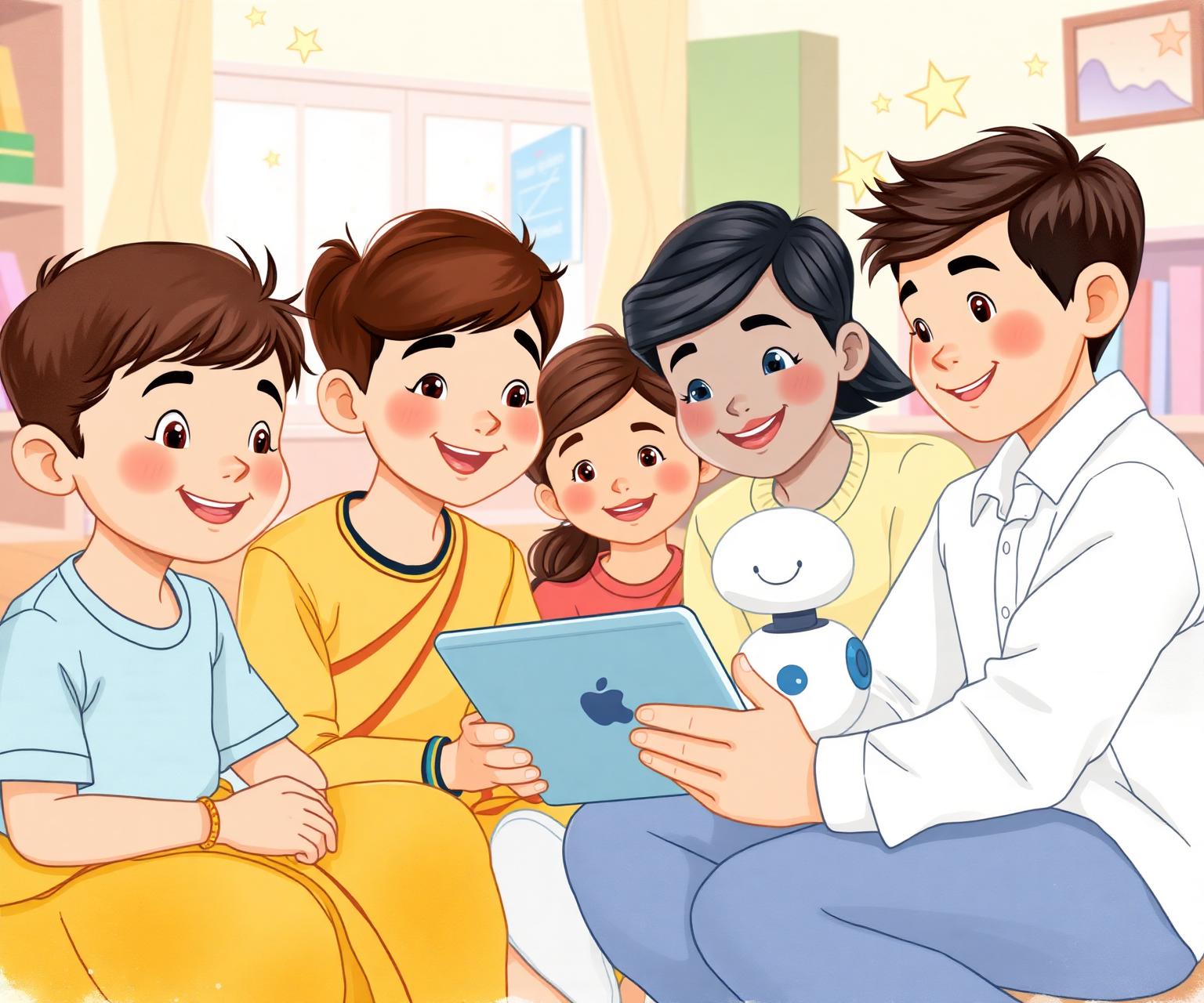 Friendly cartoon scene of young Indian children exploring AI with a smiling robot