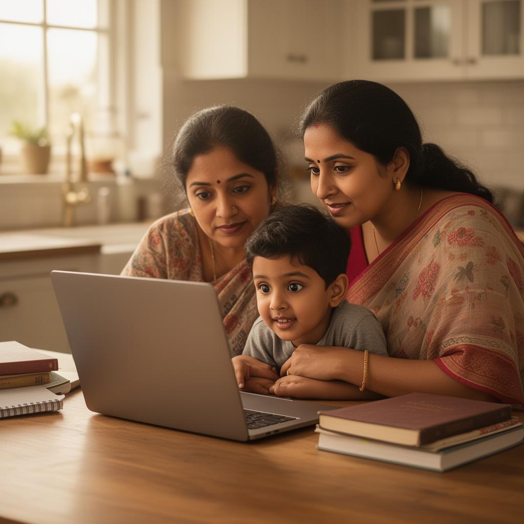 Indian parent guiding a child using a laptop at the kitchen table