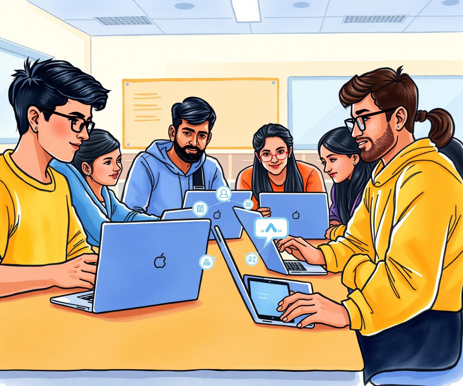 Indian middle school students collaborating on laptops with an AI assistant