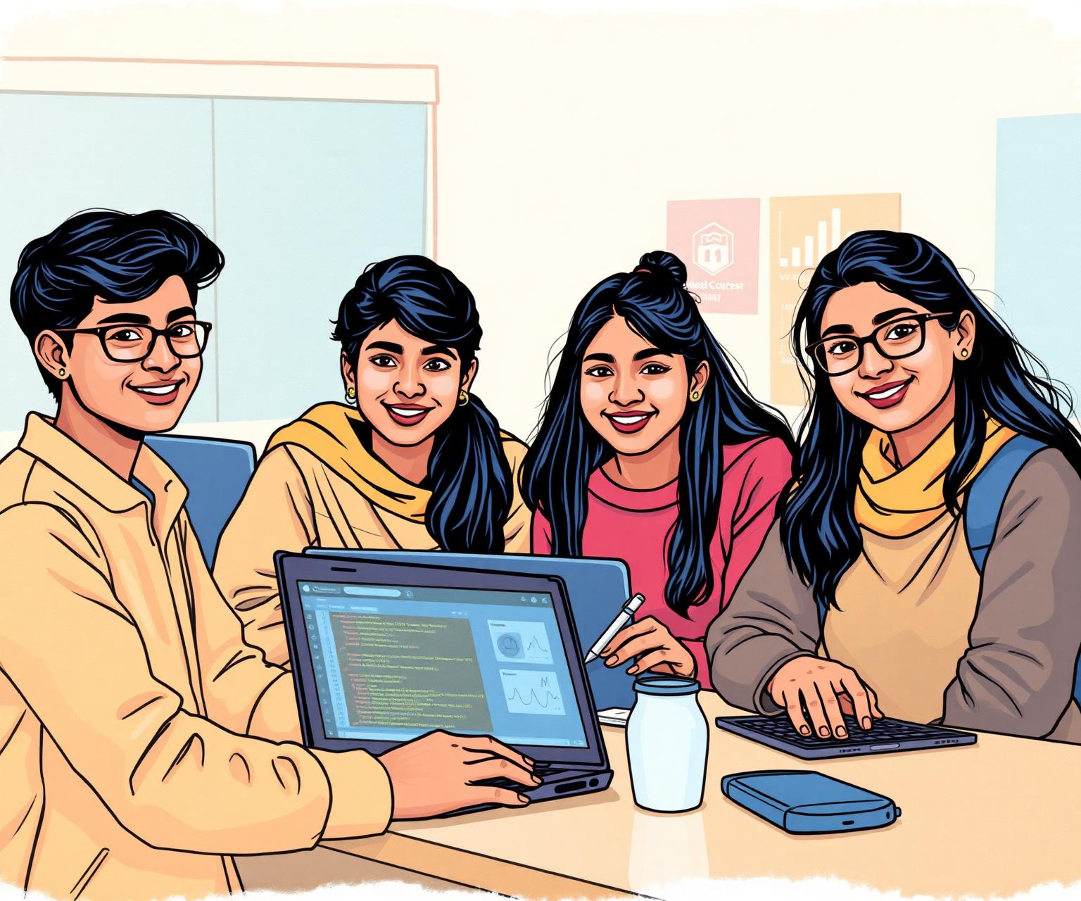 Indian high school students collaborating on advanced AI projects with laptops and analytics