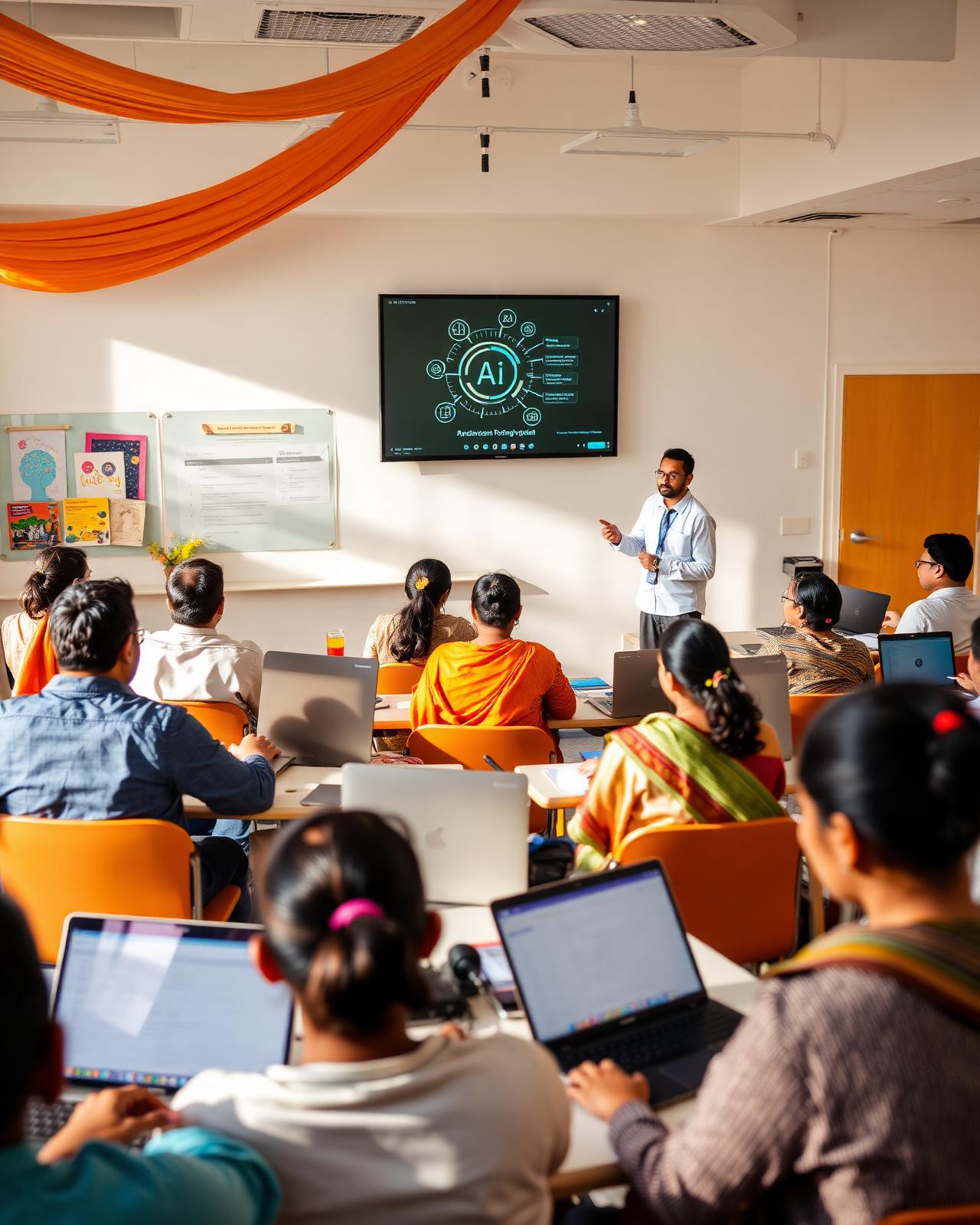 Indian teachers in a hands-on AI literacy training workshop with a facilitator