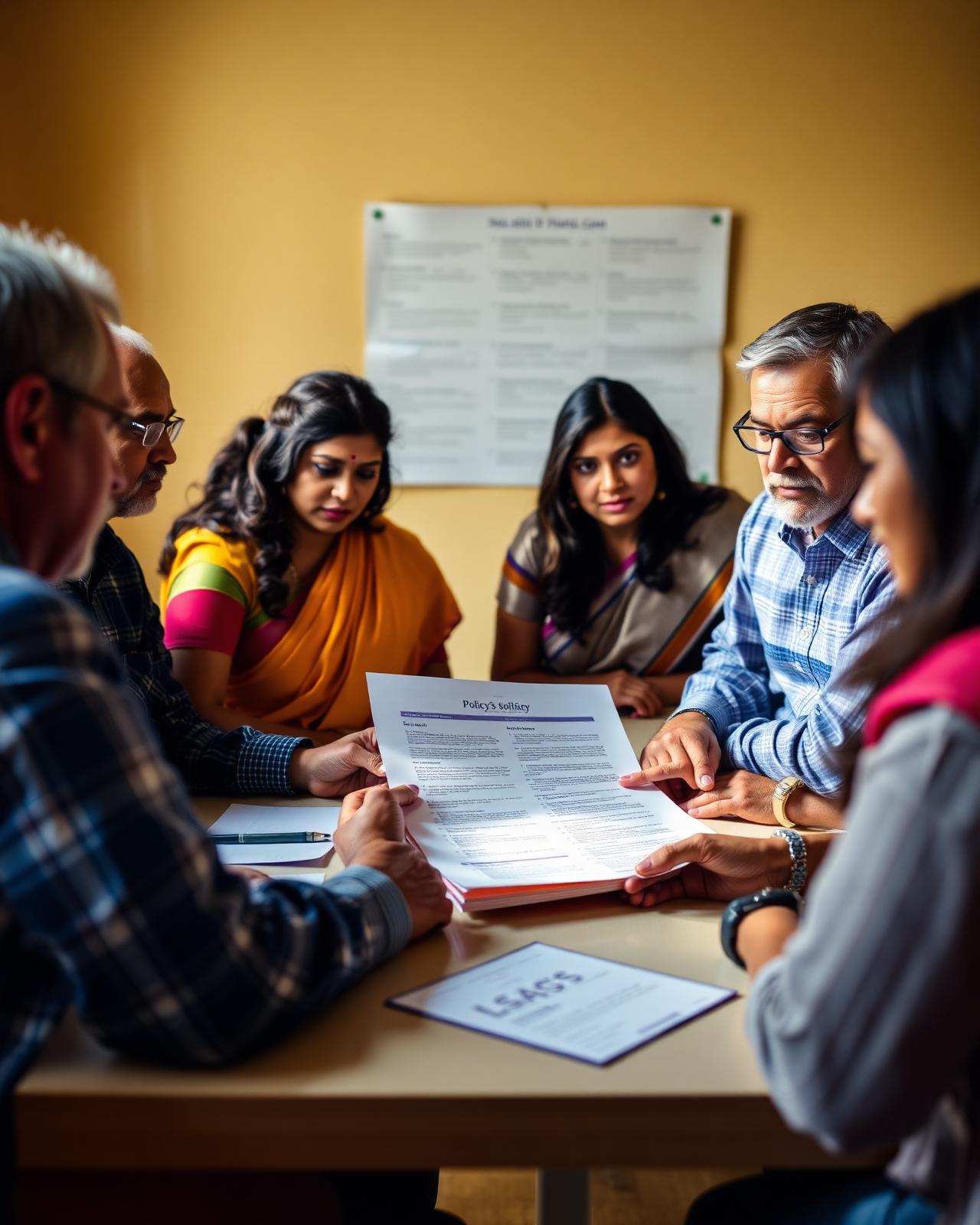 Indian school leaders reviewing a printed AI policy document together in a planning session
