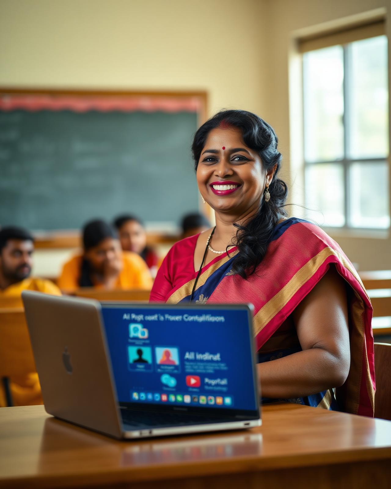 Indian teacher using a laptop with AI tools in a classroom