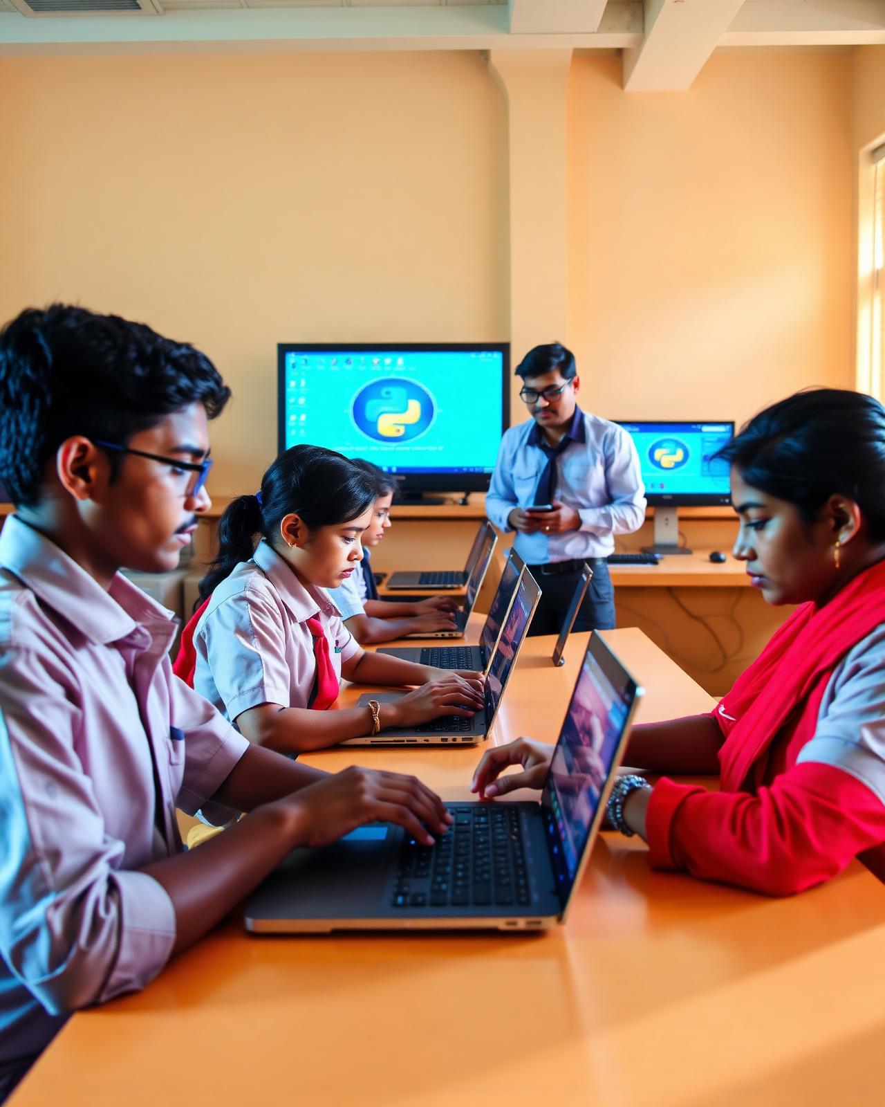 Indian high school students working on AI projects with Python on laptops in a computer lab