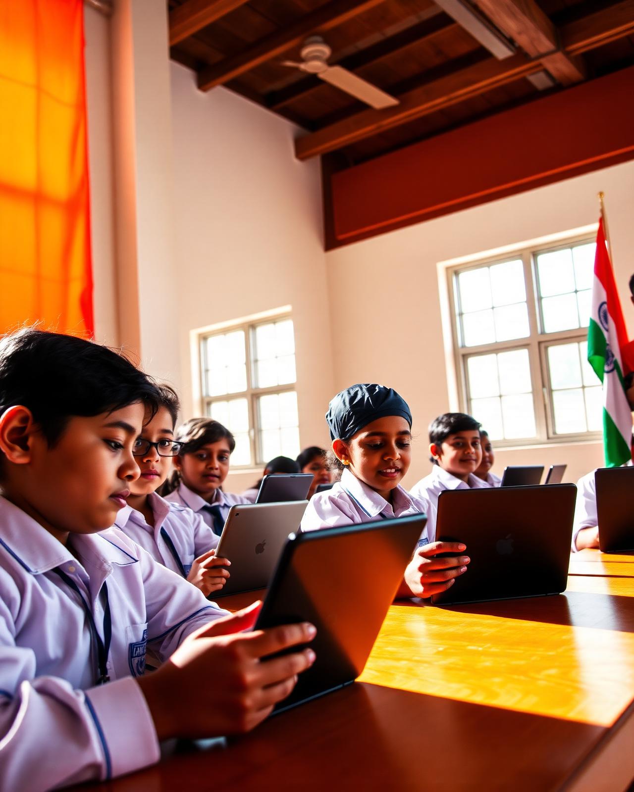 Indian school students using tablets and laptops in a sunlit classroom with an Indian flag