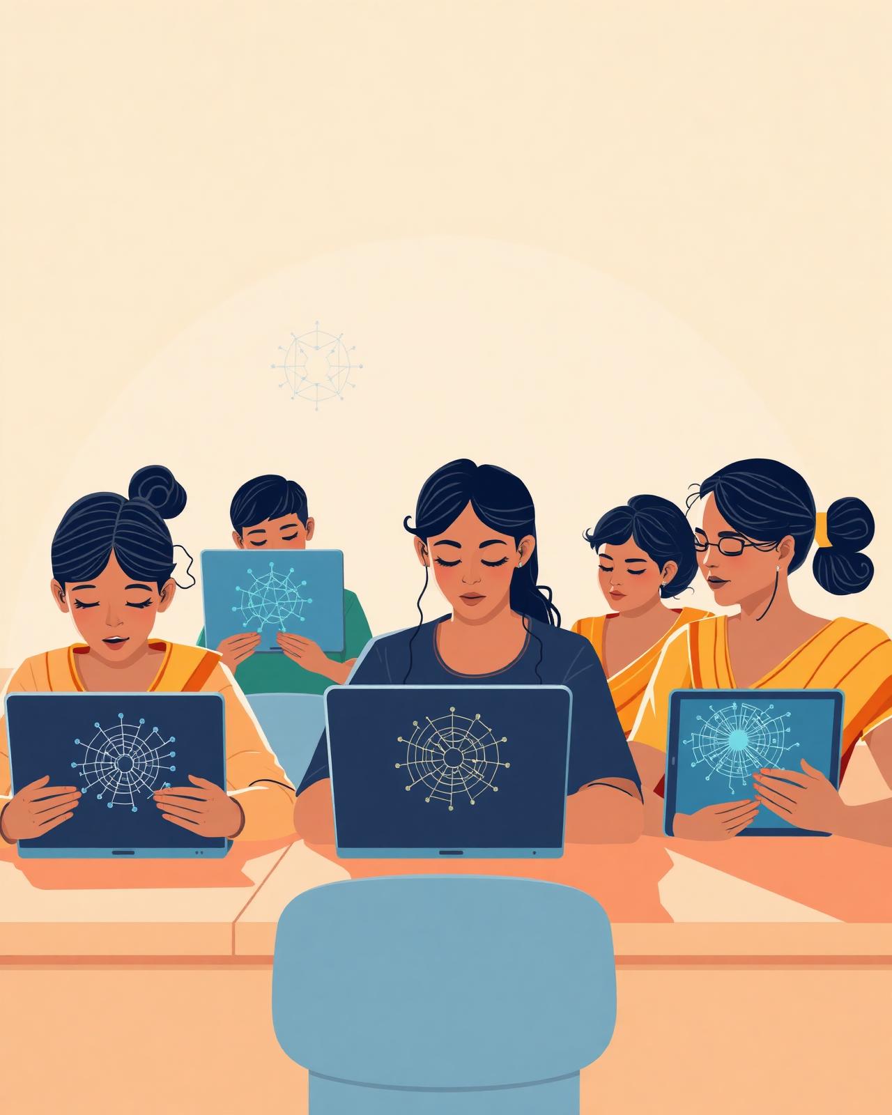 Students and a teacher using AI tools together in a warm, sunlit classroom