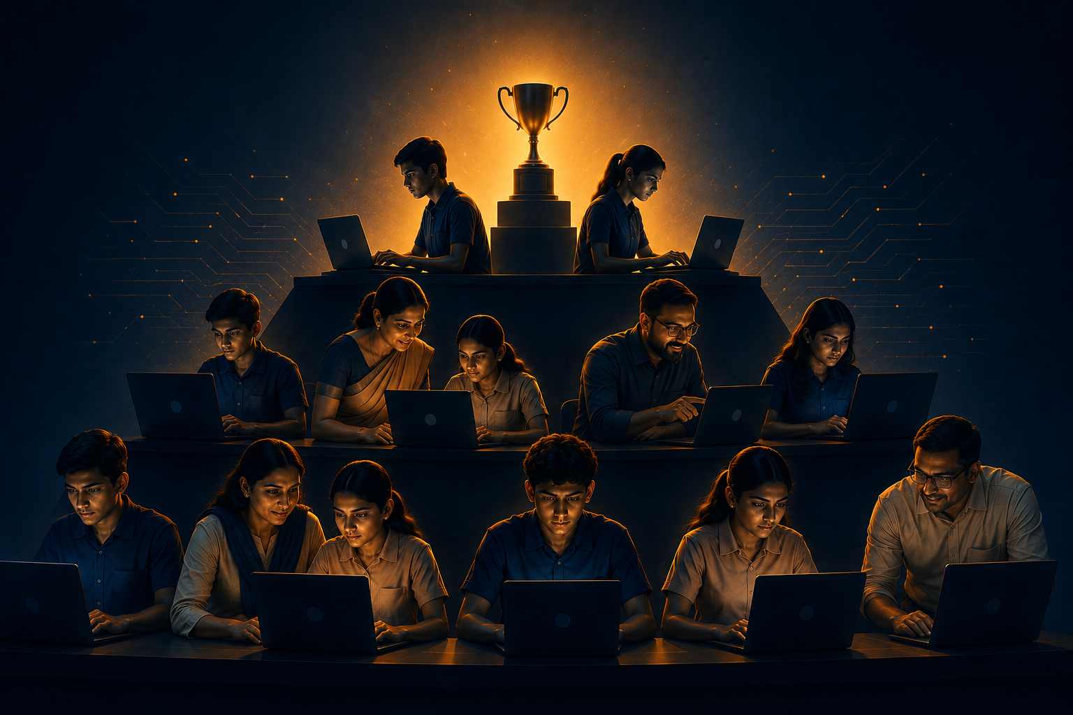 Students and teachers competing at laptops